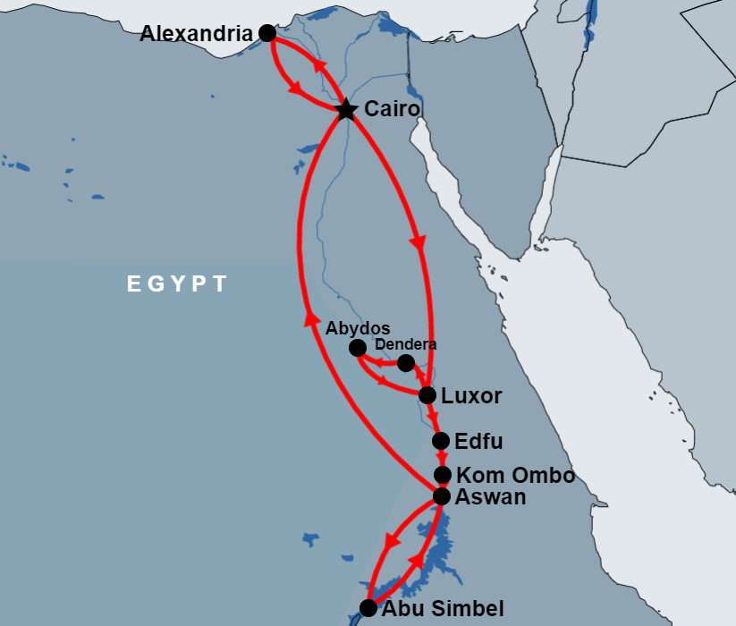 10 Day Cairo, Alexandria, Luxor, Abydos, Aswan and Abu Simbel route map